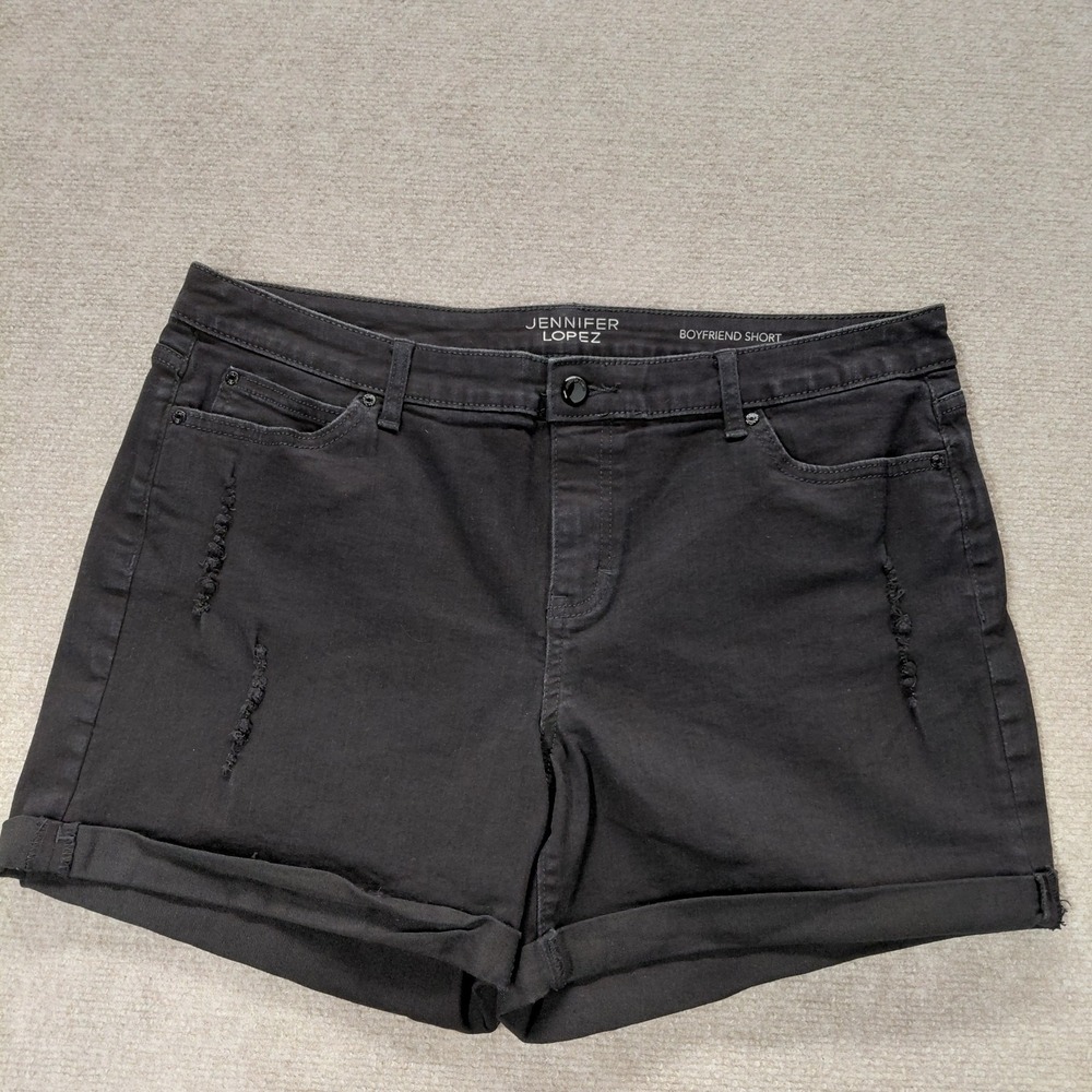 Jennifer Lopez Distressed 16 Stretch Black Denim Boyfriend Shorts 4.5" Emo Goth